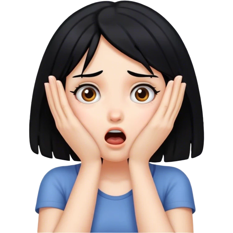 Shocked girl face and hands on face , black hair  emoji