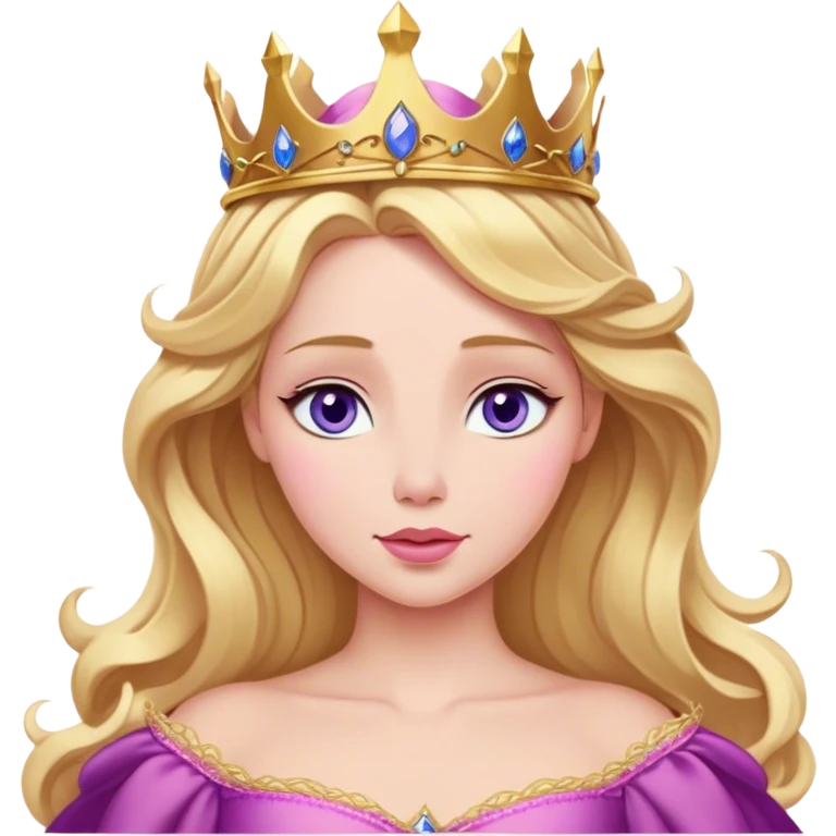Cinematic Realistic Sleeping Beauty (Aurora) Portrait, with porcelain-like skin featuring a natural rosy flush, illuminated by soft lighting that highlights the gentle contours of her face. Her golden blonde hair flows in soft, detailed waves with subtle highlights that shimmer in the light. Her deep violet-blue eyes radiate warmth and innocence, framed by arched brows and long lashes. Her serene expression exudes quiet elegance. She is dressed in her classic pink gown, the fabric rich in texture with delicate folds that catch the light. A golden crown rests atop her head, gleaming with royal refinement. The portrait captures a soft, glowing aura, blending realism with an ethereal sense of beauty and timeless enchantment. emoji