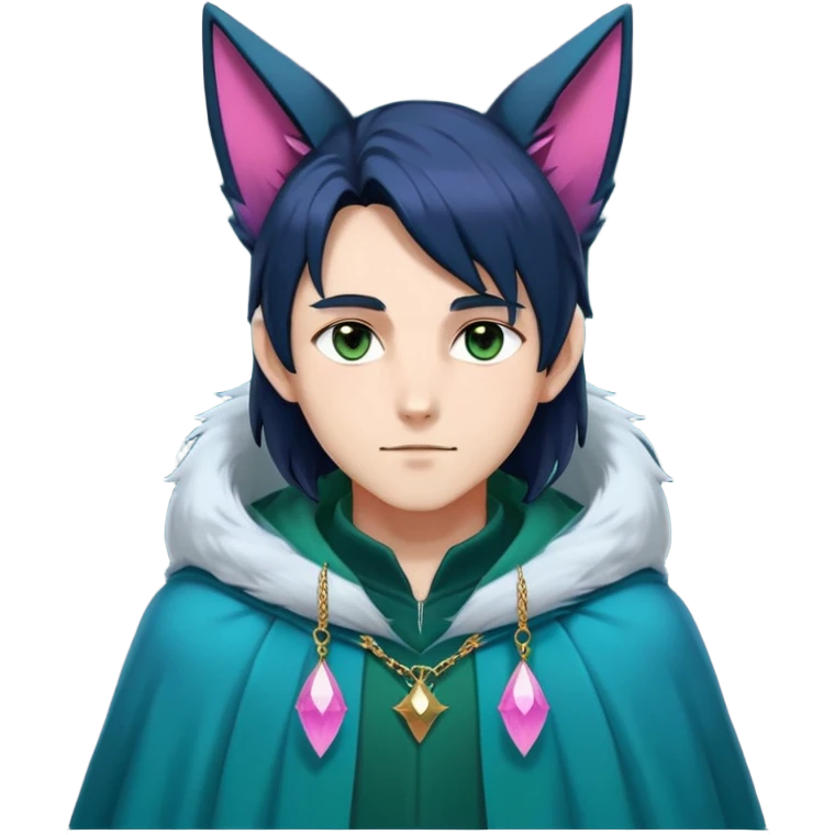 anime man with straight long dark-blueish-black-gradient hair, long black fox ears with pink Scapha, hazel-gradient-brown-turquoise eyes, gold earring hanging from fox ear, dark-blue-sweater, green cape,  emoji