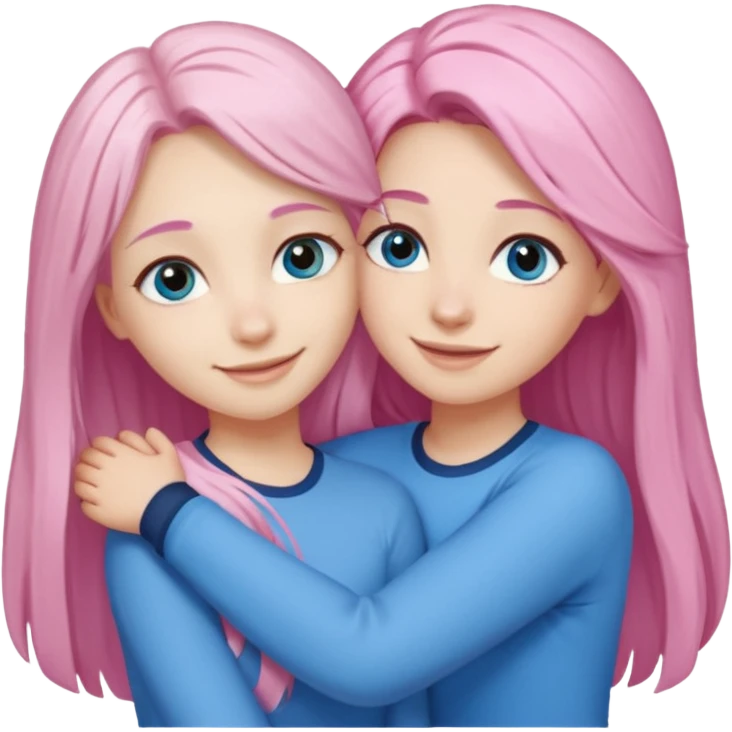 four white grips hugging and smiling    2 girls with brown eyes and long dark brown hair. One girl with long light pink hair and blue eyes, one girl with blue eyes and light blonde hair emoji