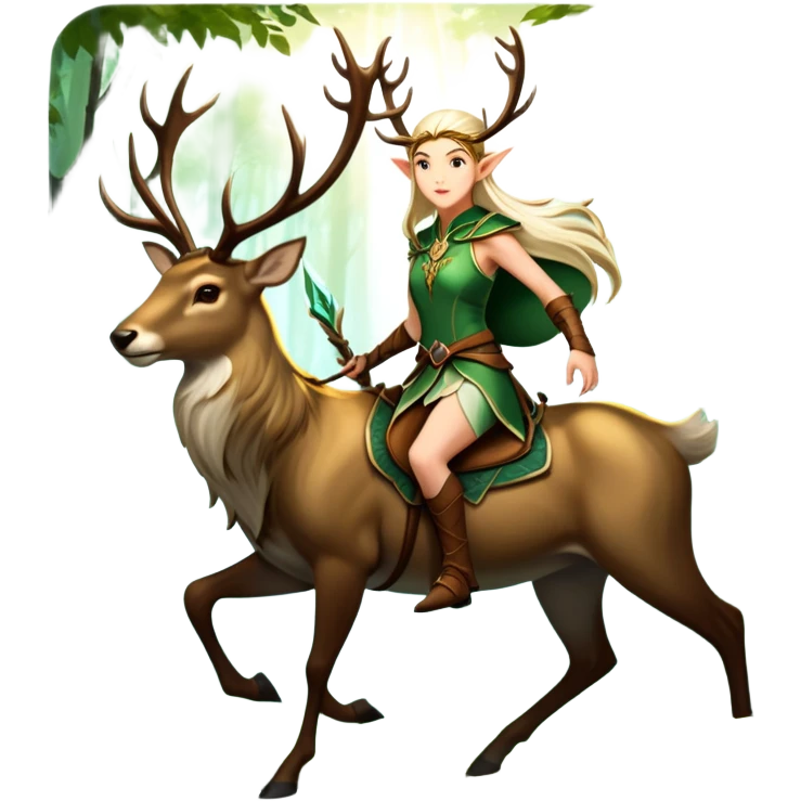 An icon representing an adventure game, inspired by high-fantasy RPGs. The design features a swift and agile elven ranger riding a majestic stag through an ancient forest, its antlers glowing faintly with mystical energy. Sunlight filters through towering trees, creating a sense of mystery, nature, and adventure. Transparent background. emoji