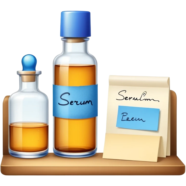 serum bottle on a shelf with a sticky note emoji