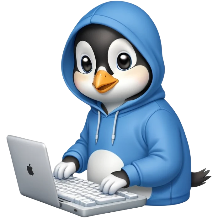 A cute penguin wearing a cozy hoodie typing on a computer keyboard emoji