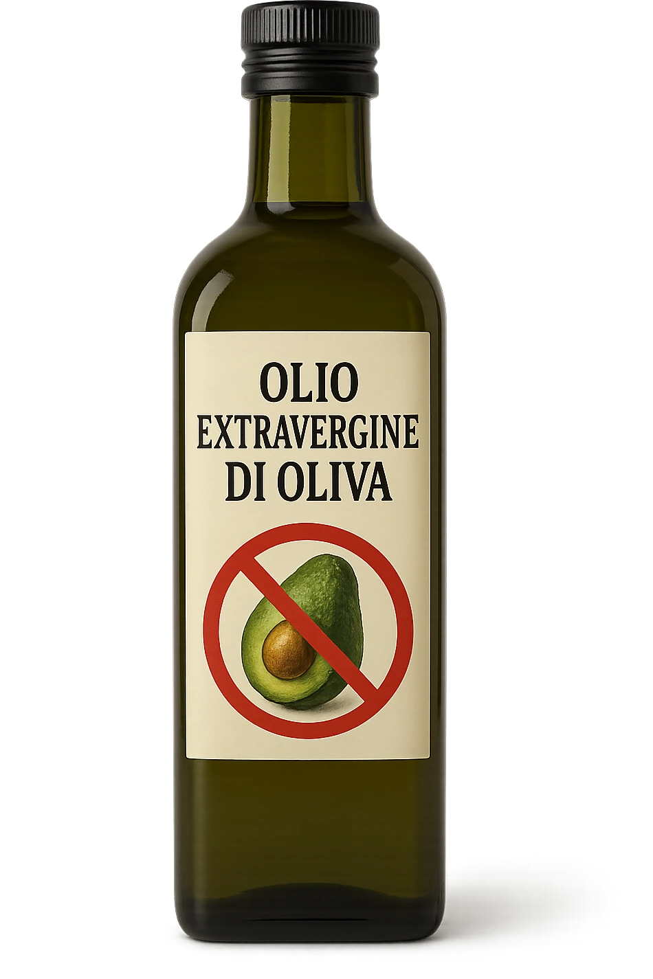 BOTTIGLIA DI OLIO EVO CON LA SCRITTA "OLIO EXTRAVERGINE DI OLIVA" SULL'ETICHETTA E AVOCADO CON DIVIETO SOPRA,  iperrealistico 4k emoji