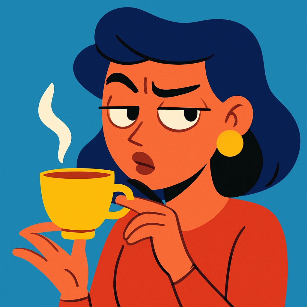 woman giving side eye while sipping hot tea with her pinky up, expressive face, modern cartoon style emoji