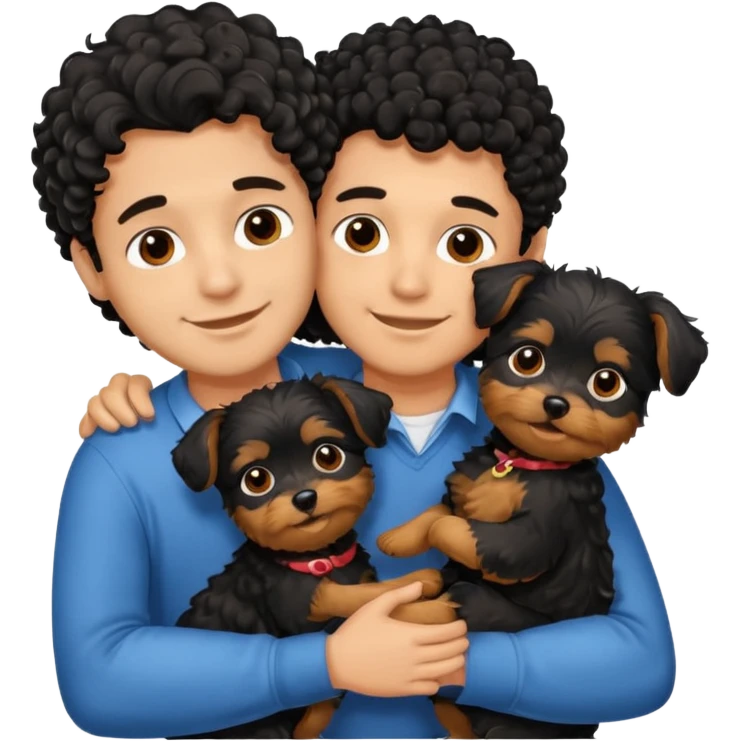 Young man with little brown skin, black curly hair, cheerful dark brown eyes, hugging two yorkie of long hair  emoji