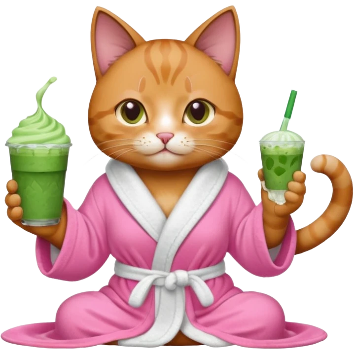 I want a CAT whit a iced macha on her paw and i want her to ne wearing a pink bath rope emoji