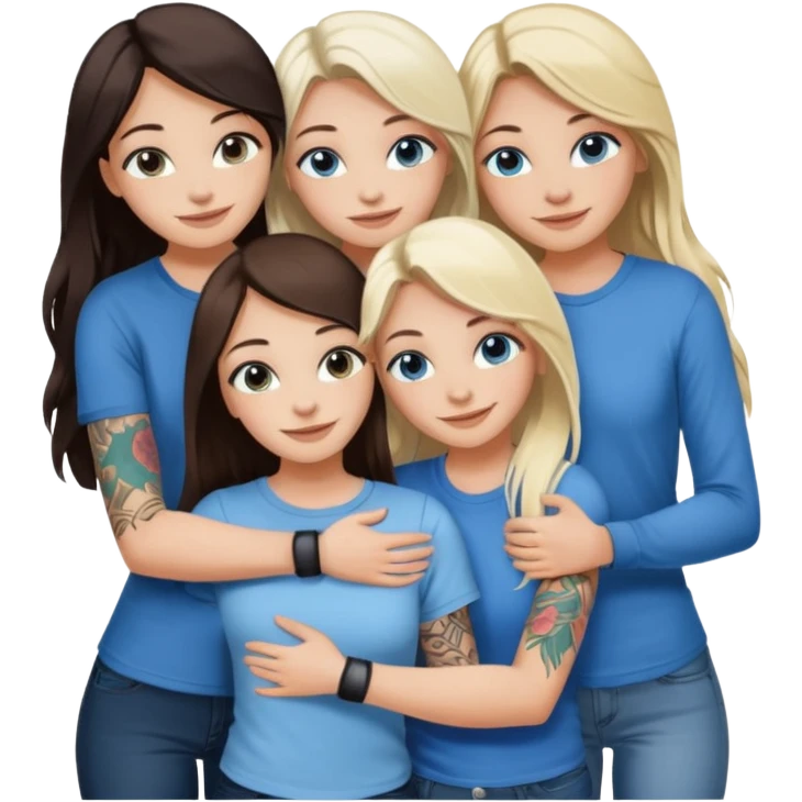 four white girlfriends hugging and smiling    2 women with brown eyes and long dark  hair. Two women with blue eyes and light blonde hair. They like tattoos and getting in trouble  emoji