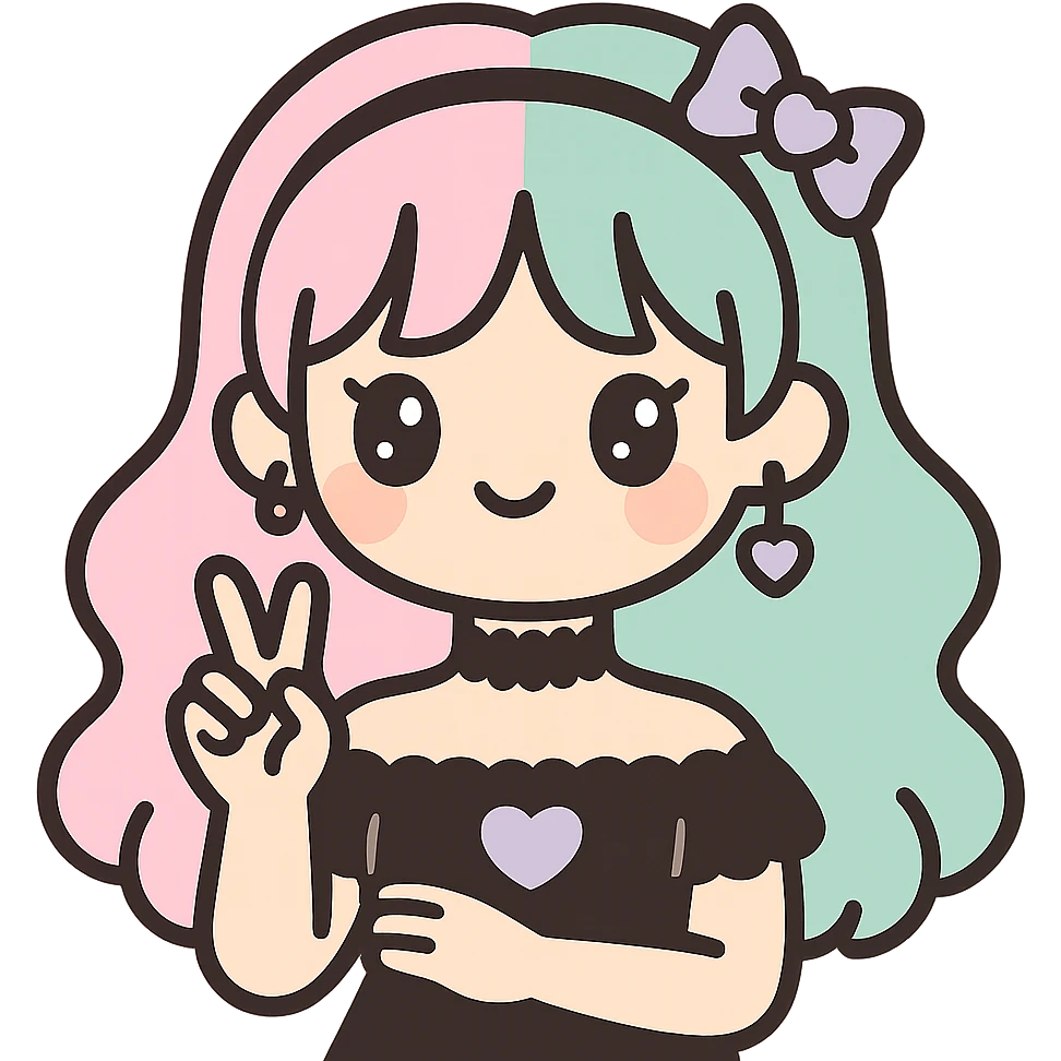 gothic K-pop girl with pastel hair, lace choker, soft colors, dreamy goth style, playful pose, kawaii accessories emoji