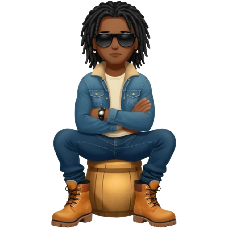 African American man with shoulder length black dreadlocks with black bead wearing black sunglasses with wearing denim skinny jeans and wheat timberland boots with arms folded emoji