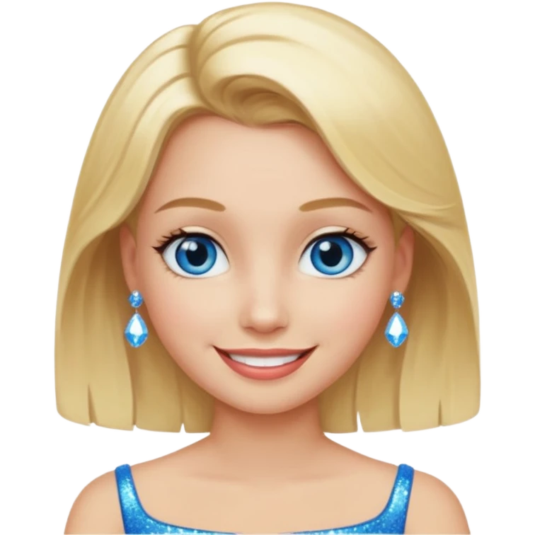make this real, blond, below shoulder, blue eyes, 50s, sparkle in the eyes, fun, smile, no earings, relaxed style emoji