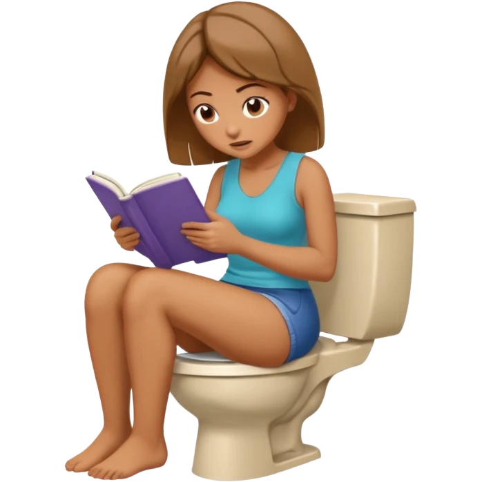 A woman is sitting on the toilet, she sits with her bare ass on the toilet and she it reading a book. She is struggling because she tries to poop. View from the top emoji