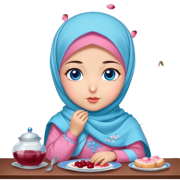 Turkish beautiful finish Konya girl blue eyes with cherry blossom floral pink and baby blue hijab islamic dress and with yummy Drooling face on the table emoji
