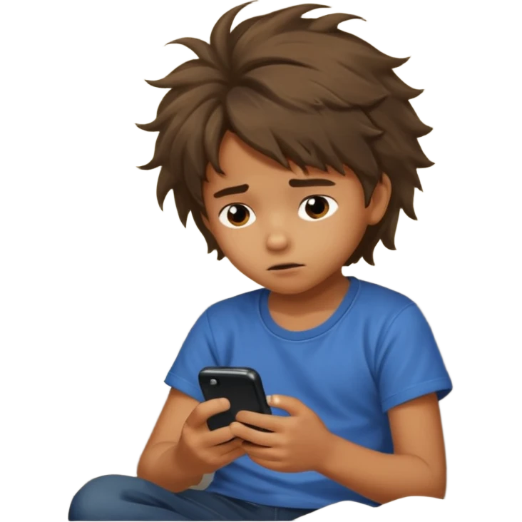 un niño de entre 3 - 10 años jugando con su celular, cansado en una habitacion apagada emoji