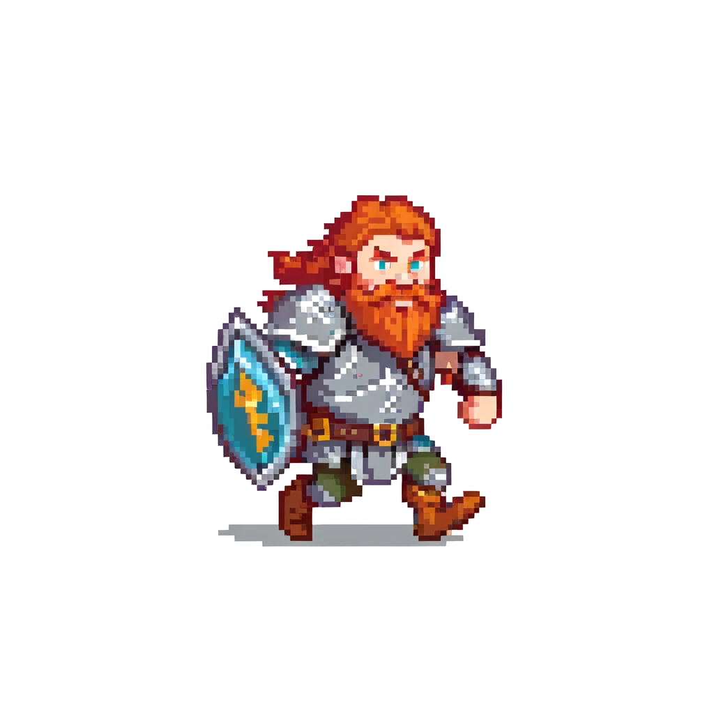 pixel art ginger viking with red beard and armor, running animation frame 2, mid-stride emoji