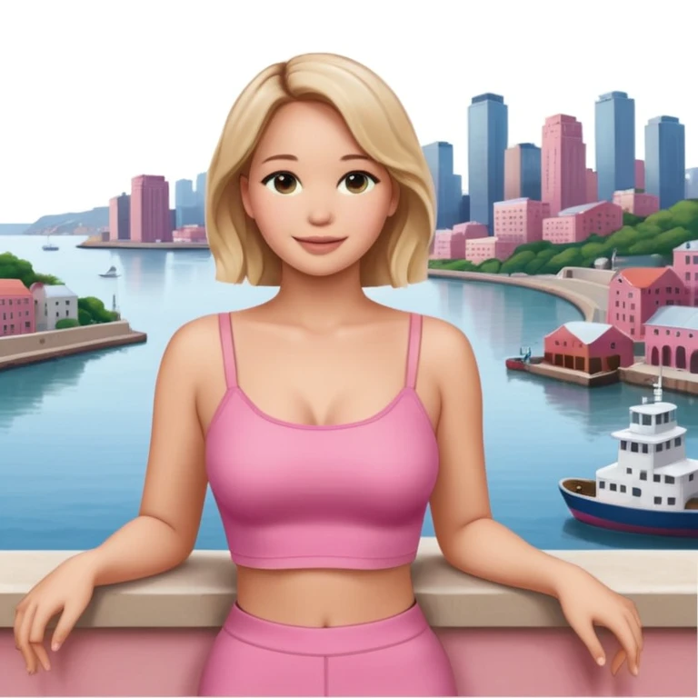 jennifer lawrence, pink crop top leaning on a balcony with a harbor and cityscape in the background, smiling emoji