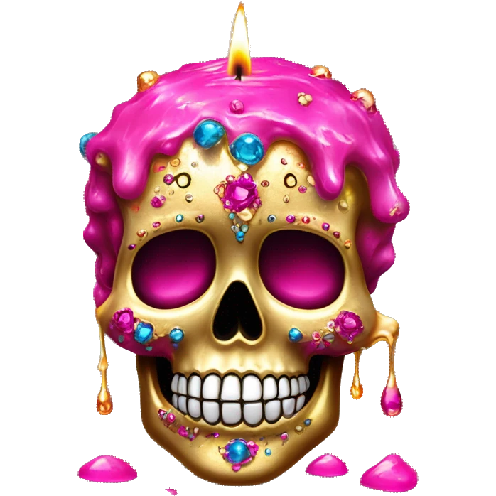 Realistic hot pink sugar skull decorated with colorful rhinestones with metallic gold candle on top of its head dripping meltdown metallic gold wax down skull emoji