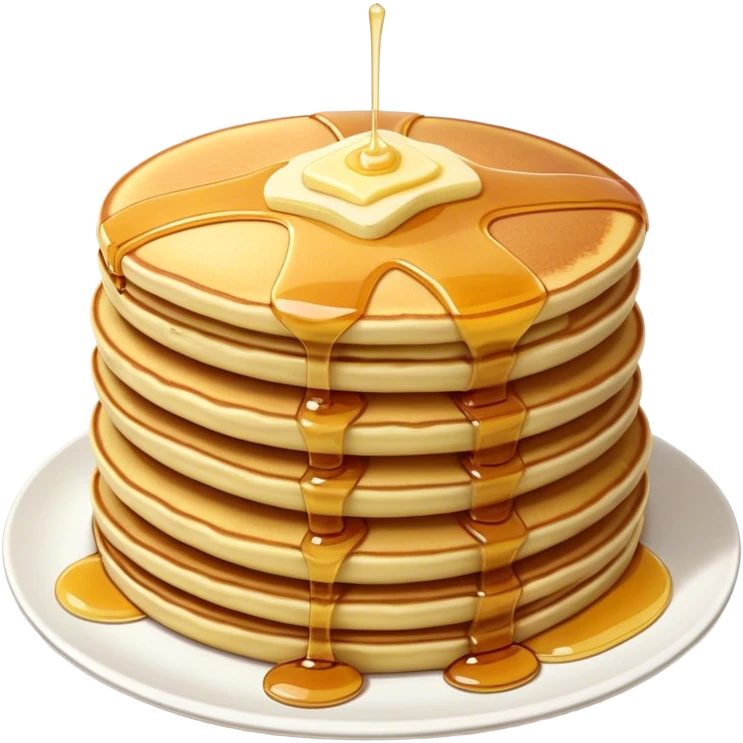 Cinematic fluffy golden pancakes, stacked high, drizzled with maple syrup, topped with fresh butter melting on top, light dusting of powdered sugar, warm and inviting, soft glow and mouthwatering. emoji