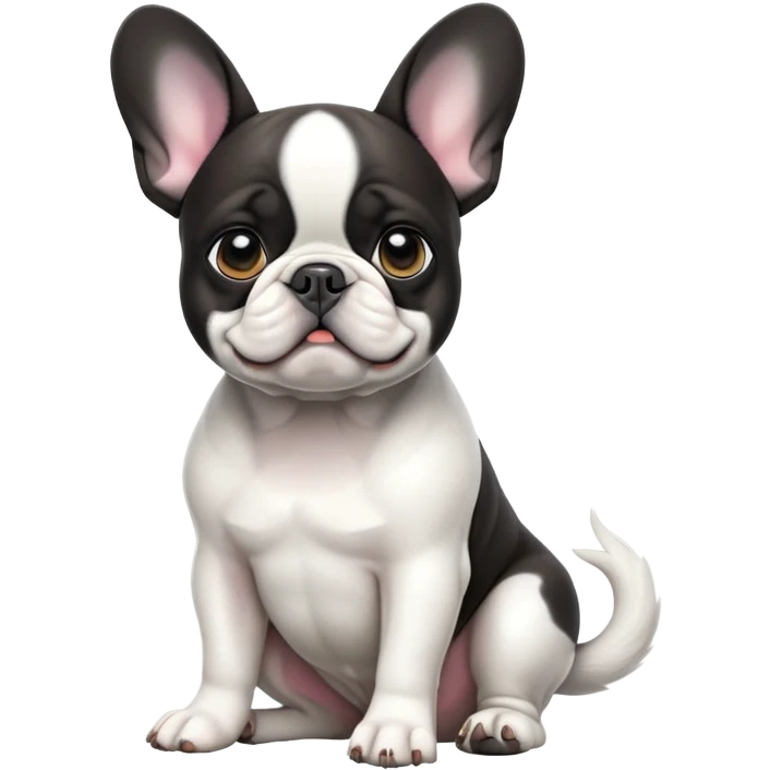 cinematic-[french bulldog]-realistic-full-body-sitting-emoji,-tail-resting-loosely-beside-its-paws,-head-tilted-dramatically,-sleek-[black ant white pied]-fur,-simplified-yet-realistic-focused-features,-highly-detailed,-glowing-with-an-almost-sarcastic-glow emoji