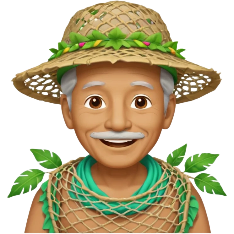Hawaiian old man with leaf hat and big trash net and colorful cloth emoji