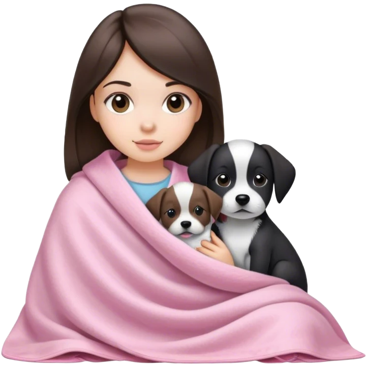 a brunette straight hair girl with a black and white dog with a baby pink blanket emoji