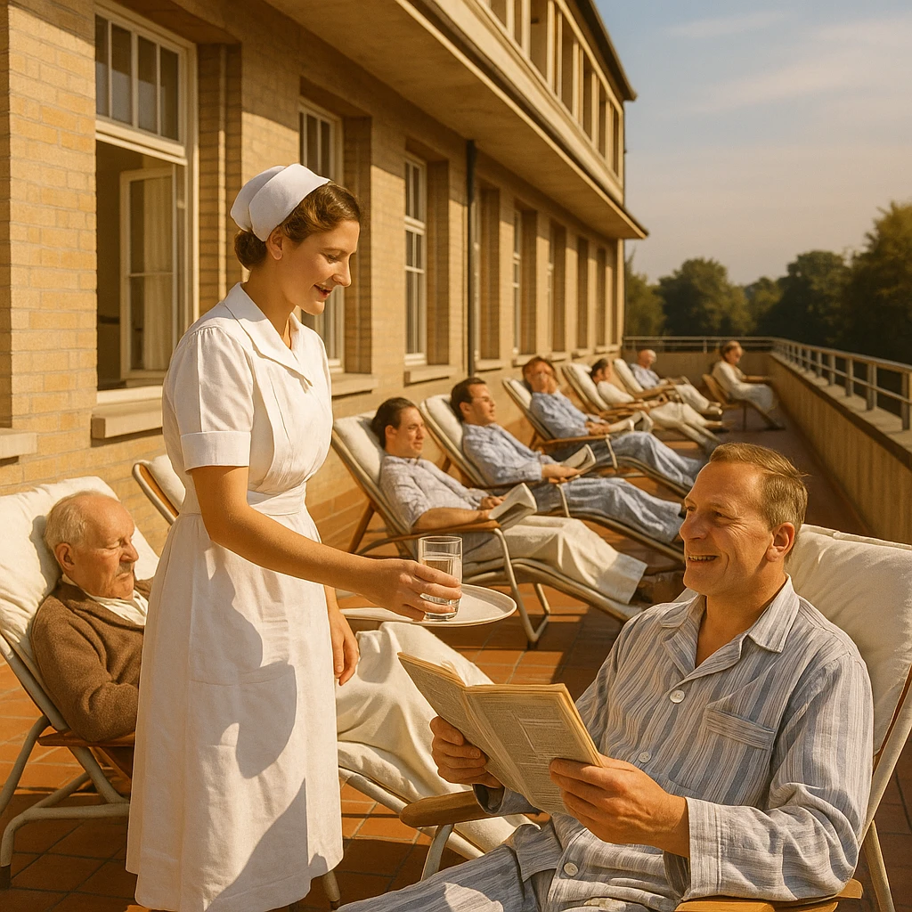 1930s hospital terrace with patients sunbathing, some with books or newspapers, nurse offering a drink, atmosphere of care and optimism, warm colors, sunlight, realistic details, 4K quality emoji