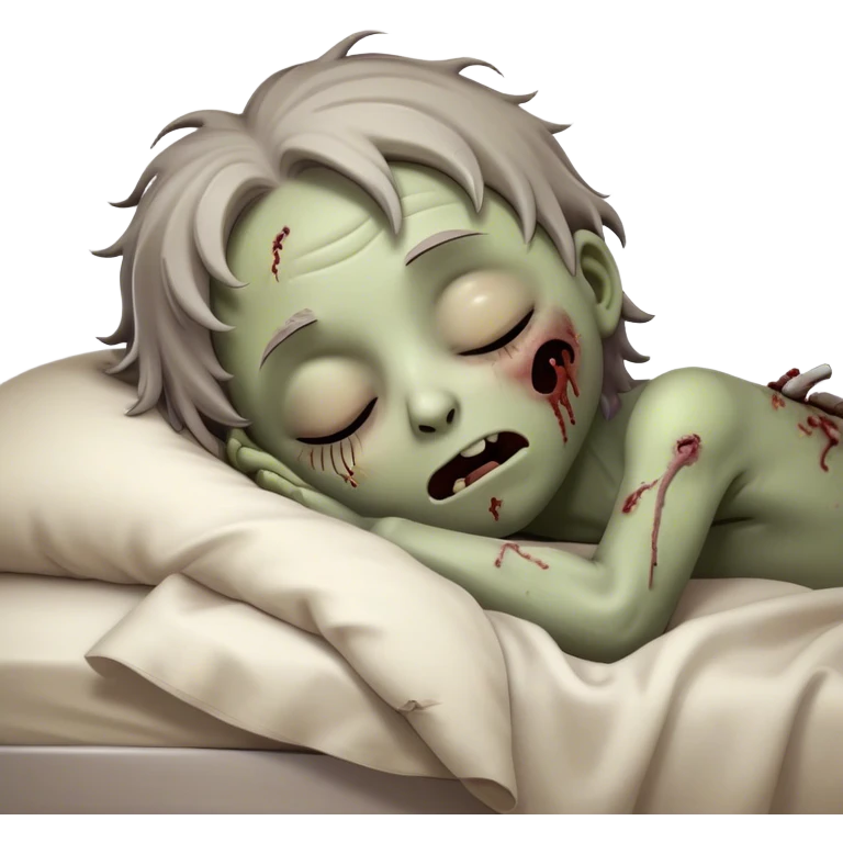 Meme-Worthy Cute Sleeping Zombie Portrait Emoji, with a delightfully quirky, slightly disheveled decaying face in soft ashen hues, head tilted back in peaceful, relaxed sleep with softly closed eyes and a tiny, endearing smile, simplified yet irresistibly charming, highly detailed with a soft eerie glowing outline that captures the gentle, unexpected cuteness of a zombie in serene repose! emoji