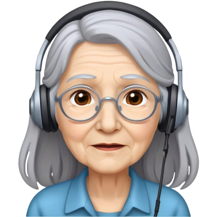 old woman with long gray hair wearing headsets emoji