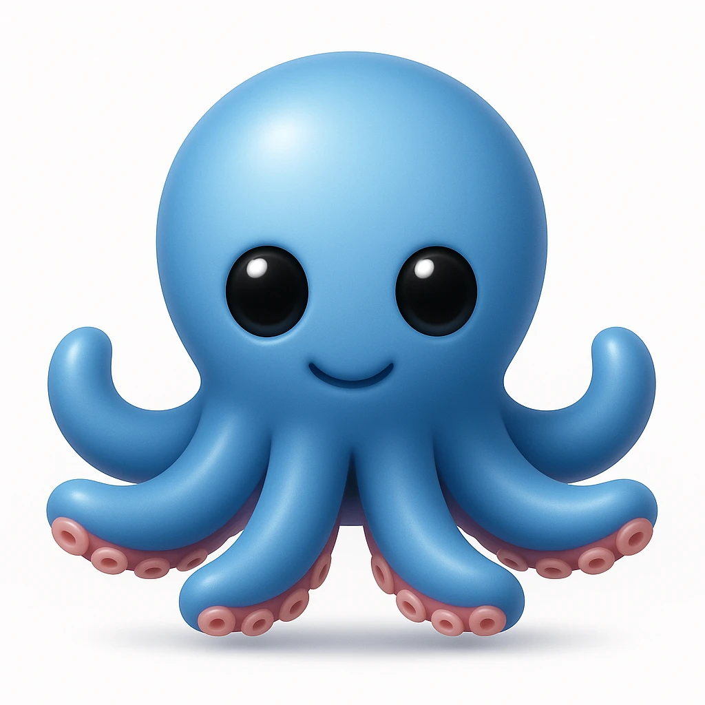 Make an octopus emoji exactly like the reference image, in iOS emoji style. Same shape, color, and details, smooth and shiny. Add a soft shadow. emoji