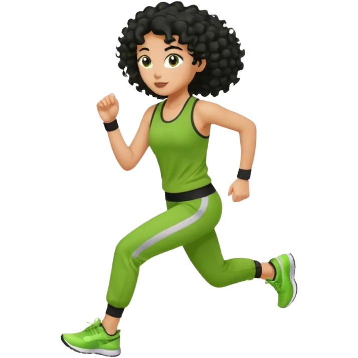 a woman with olive skin tone and curly black hair wearing green and jogging emoji