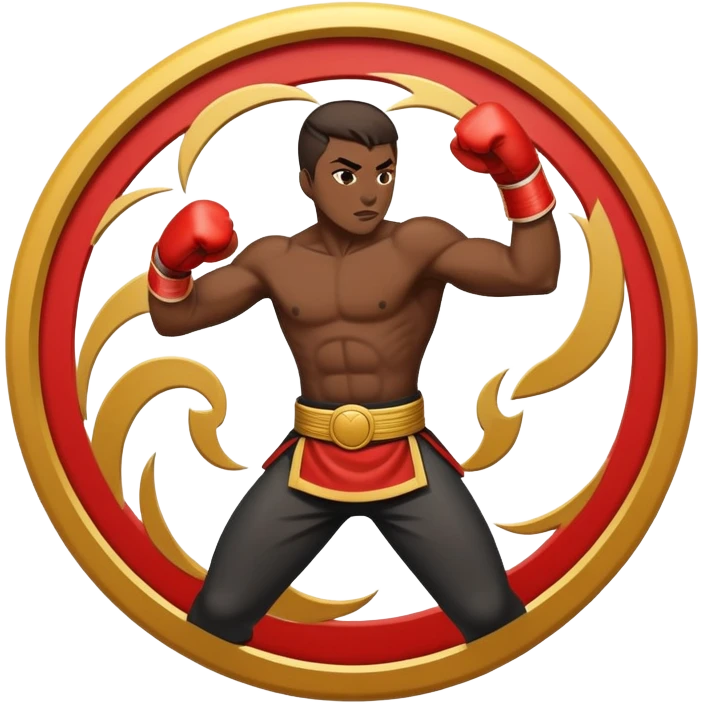 An emblem-style emoji symbolizing striking martial arts. The design features a stylized fighter in a dynamic stance, delivering a powerful punch, surrounded by a circular border with traditional elements like fists and combat symbols. Bold, clean lines with contrasting colors. emoji