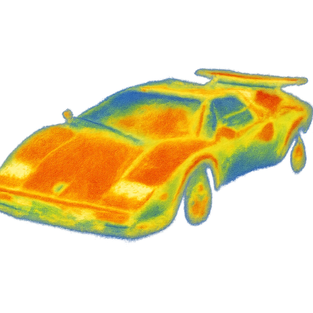 Lamborghini Countach with a laptop and recording microphone on the hood emoji