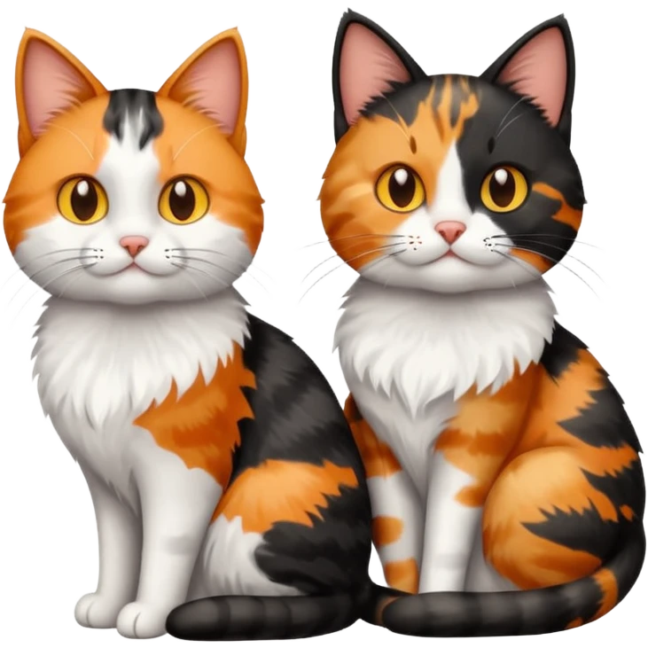 Three cats sitting together: first is a fluffy black and white cat, second is a calico cat with orange, black, and white patches, third is a fluffy gray-brown tabby cat, simple emoji style emoji