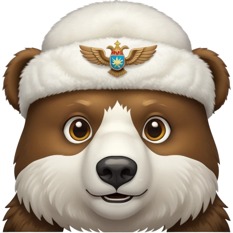 Brown bear head face wearing white fluffy ushanka with detailed Russian double-headed eagle emblem centered on front, iOS emoji style emoji