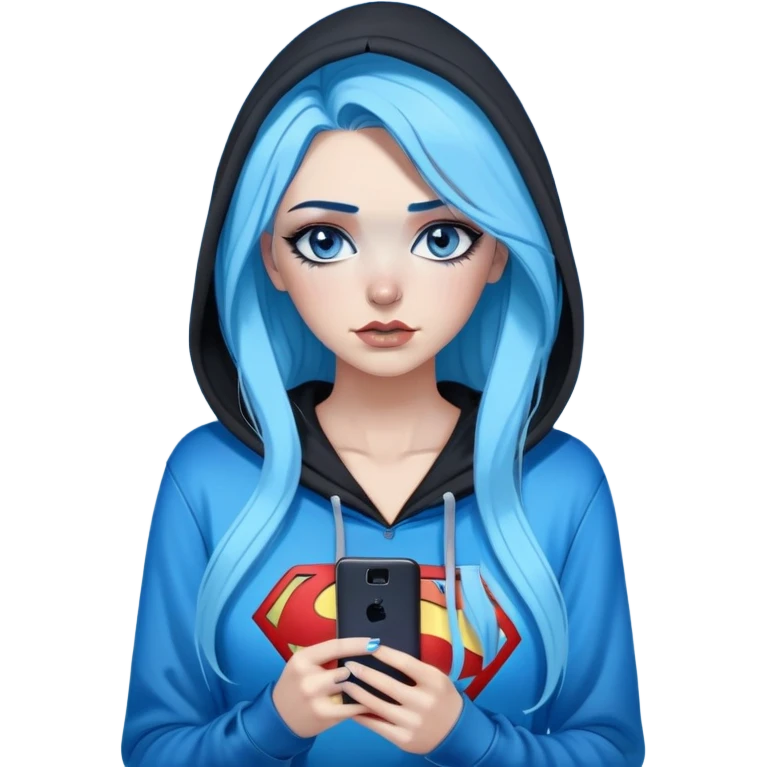 Female-big tears-Very tall-very very very large chest-texting on a samsung cell phone-very long straight black to sky blue hair ombre-blue eyes-black eyeliner-long eyelashes-hoodie with glitter superman logo-leggings-lippierced emoji