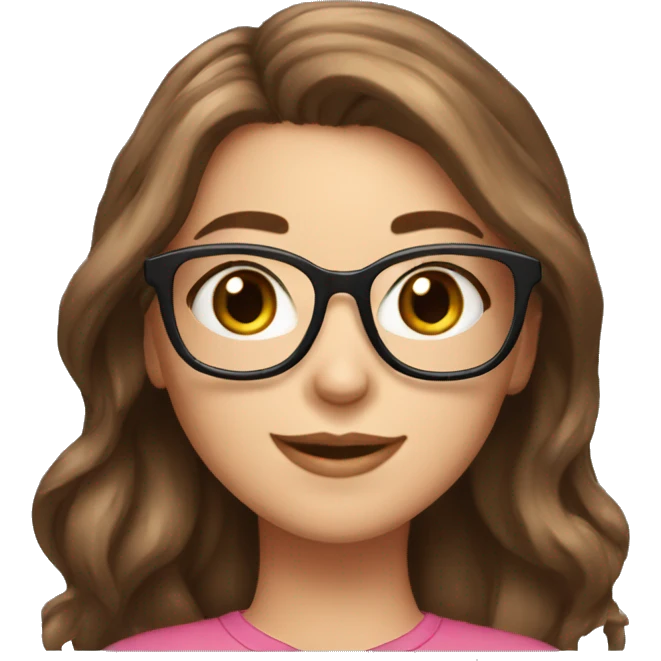 a beautiful girl, cute girl, brown hair, cute face, pink cheeks, hazel eyes, long hair, smiling, hearts on side, emoji, glasses,  white skin, black glasses emoji
