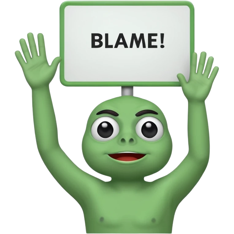 Animated pepe holding sign with 2 hands up in the air and write on it blame epiic emoji