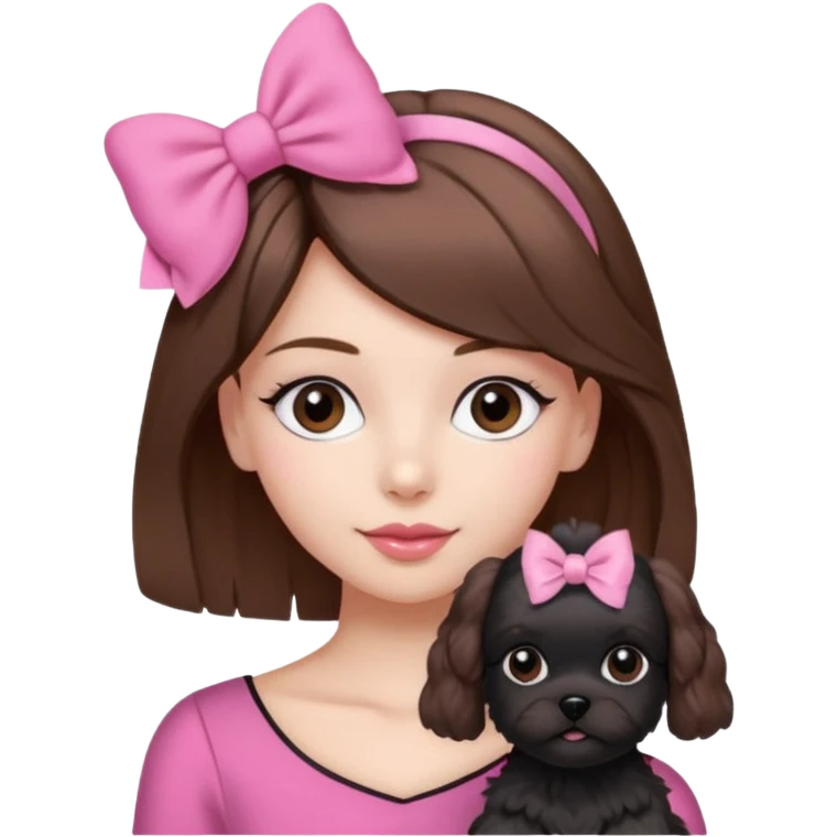 brown haired beautiful girl with a coquette hair accessory and a cute black Maltese dog, pink theme emoji