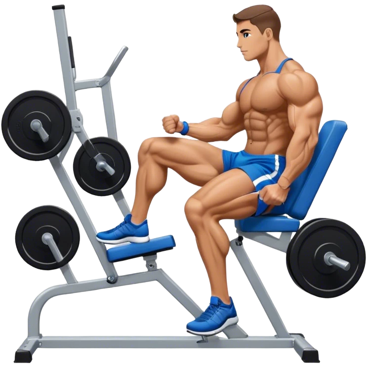 side-view bodybuilder in blue shorts seated weighted calf-raise machine on his tip toes emoji