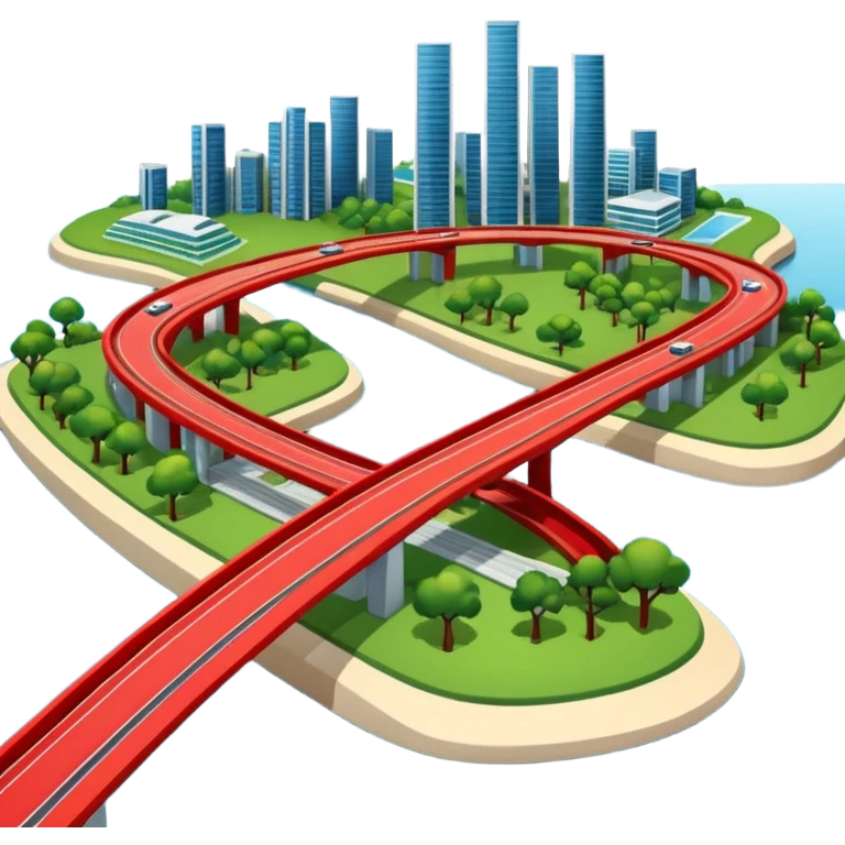 advanced modern island with advanced infrastructure, parks, contemporart buildings, and with a red bridge on one side emoji