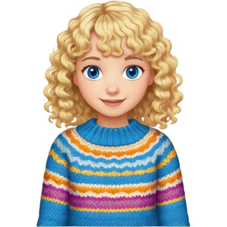 smiling girl with curly blonde hair and bangs, blue eyes with brushes and colourful  knitted sweater emoji