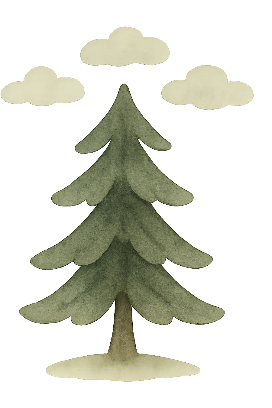 illustration of a simple single evergreen tree with clouds in Slavic folk art style, dark neutral forest color tones, watercolor texture with outlines, suitable for favicon emoji