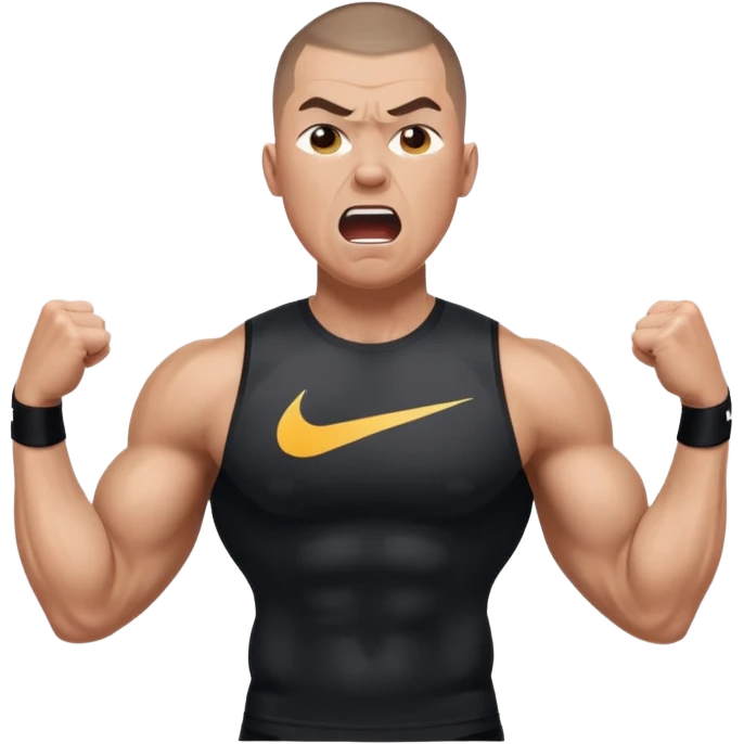 Big muscle man shouting , buzzcut hair, waering compress black shirt nike, and have stream emoji