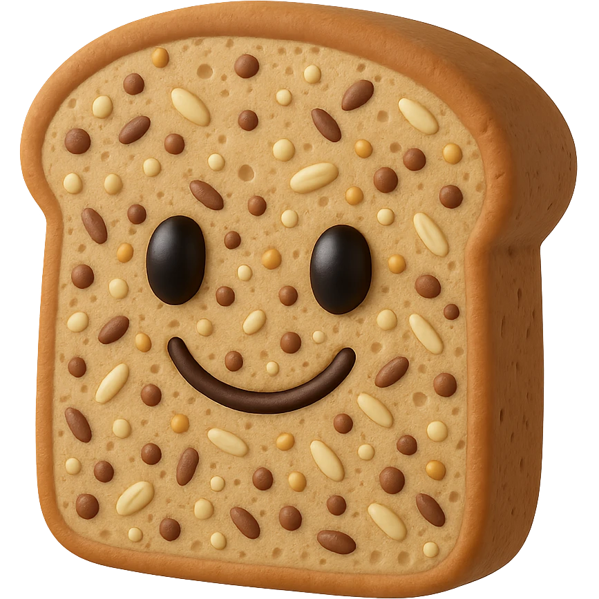 3D cartoon style whole wheat bread with quinoa and rice, smiling face, visible seeds emoji