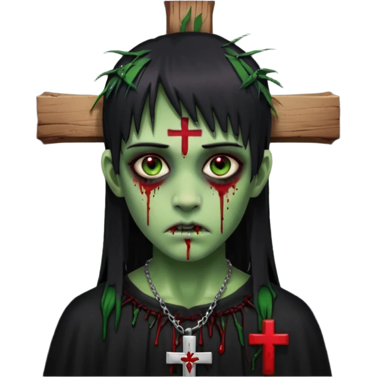 zumbi verde com olhos vermelhos sangrando e franja roupa preta e um crucifixo como colar, sem ser na testa e um piercing no nariz bem feminino a franja reta também  emoji