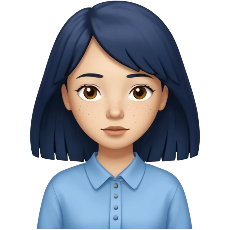 hair : black long hair with fringe 
skin : light with freckle
cloth : oversize light blue shirt + navy long long skirt 
 emoji