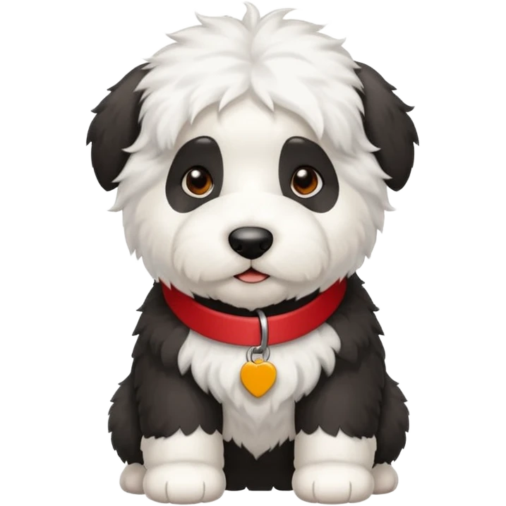 Crea un emoji de un perrito bebé  sheppdog english old con un collar rojo y que la placa diga Rocky emoji