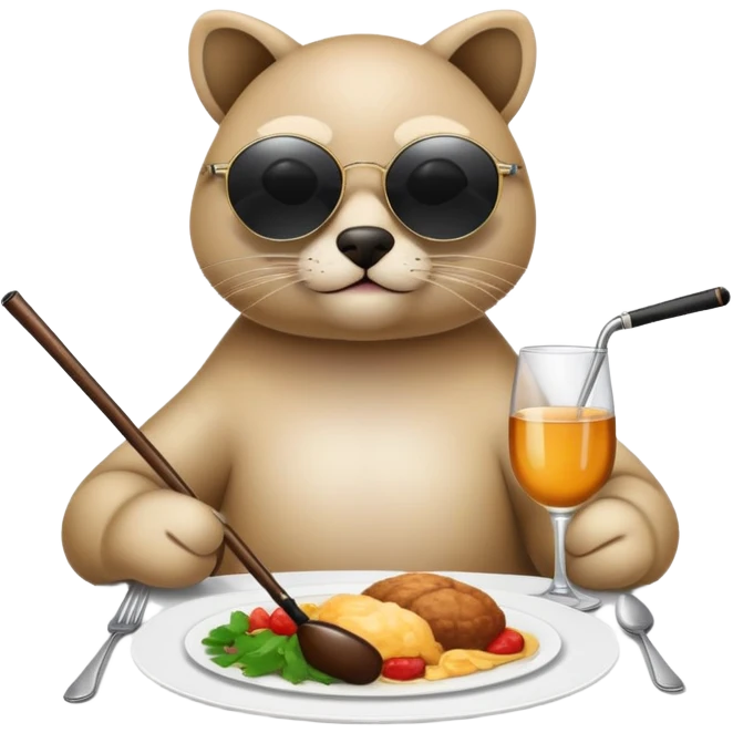 blind animal at dinner table with dark circular sunglasses on and a cane emoji