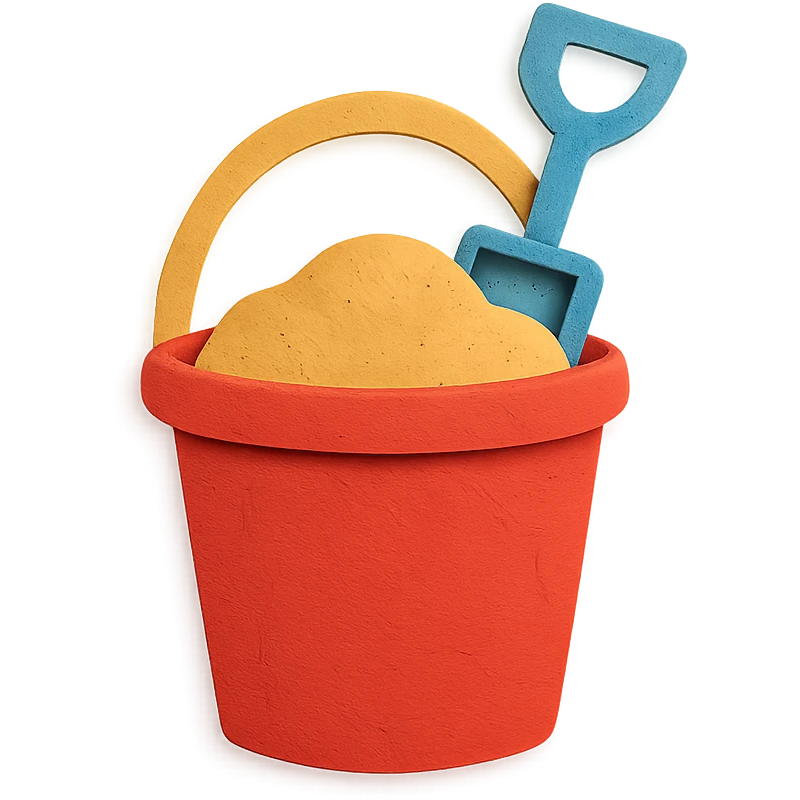 beach bucket and pail with sand and a small shovel, bright colors, in paper-craft style emoji