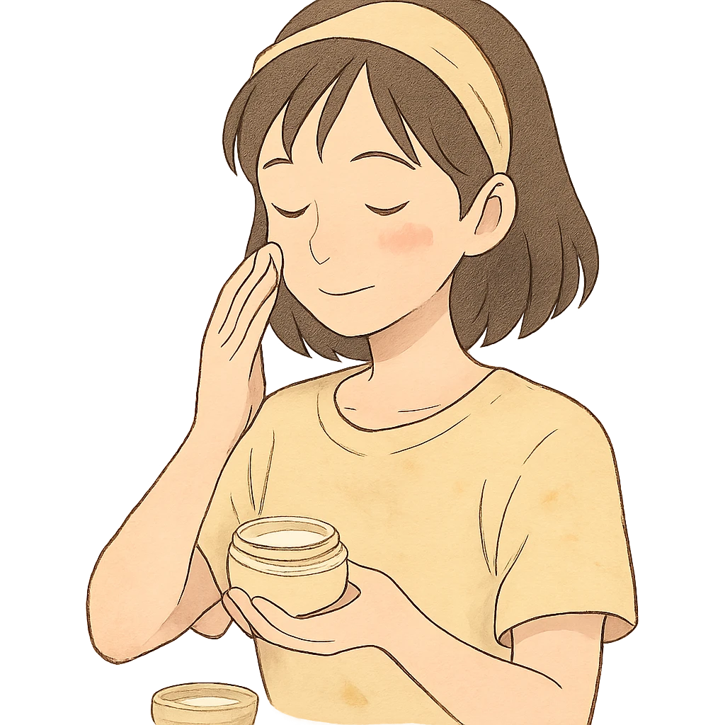 ghibli style girl making skincare, soft colors, gentle expression emoji